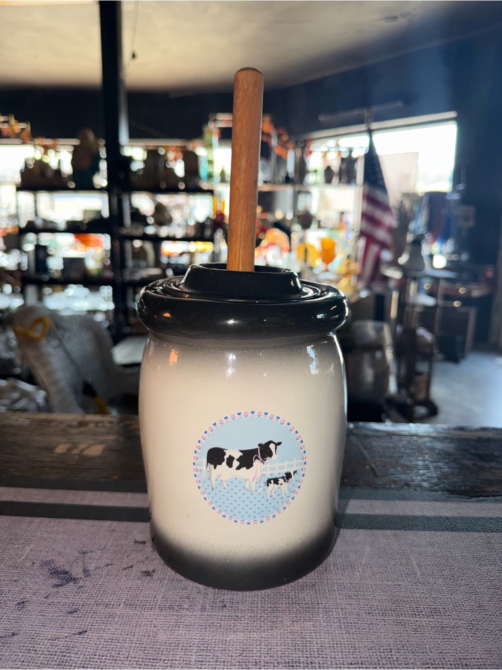 Vintage Black and White Cow Butter Crock